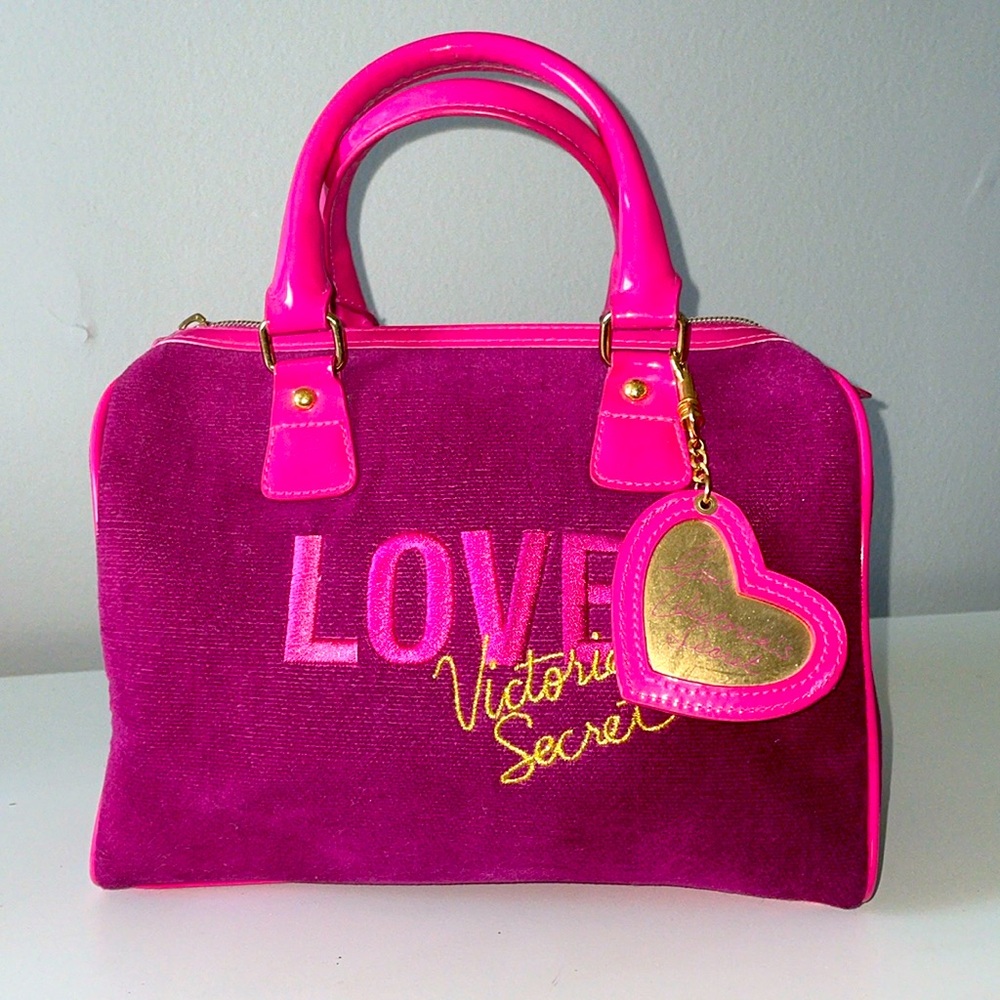 Victorias Secret Purple Velvet Handbag Satchel Purse Patent Love Spell Heart